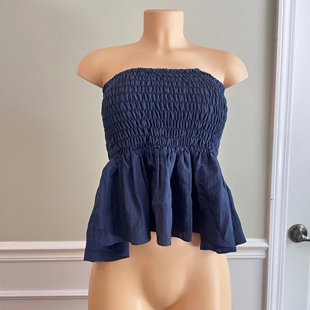 MISA Los Angeles Tube Top Womens Small Smocked Peplum Strapless Navy Blue Boho